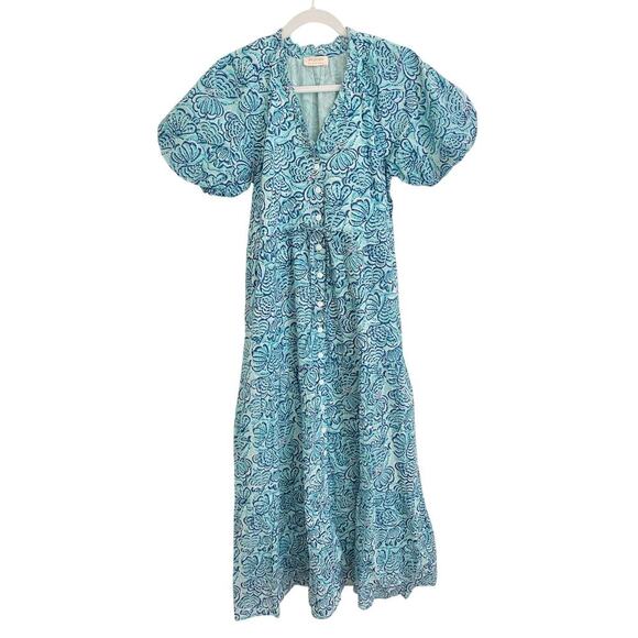 Banjanan Poppy Midi Dress Shell Aqua Puff Sleeve Cotton Button Tuckernuck - Picture 7 of 13